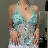 BXOXO Sequin Halter Top for Women Sexy Deep V Neck Beaded Tops Sparkly Glitter Tank Top Going Out Rave Outfits Party Clubwear